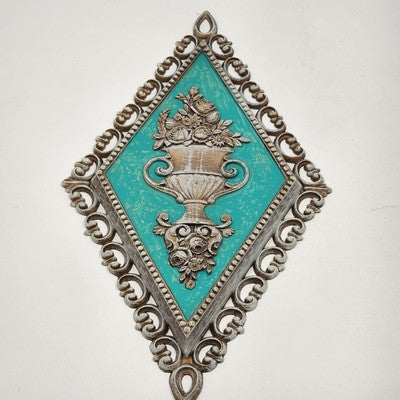 Set 4 Homco Diamond Cameo Wall Plaques Gold & Turquoise Decor Rare Mid Century