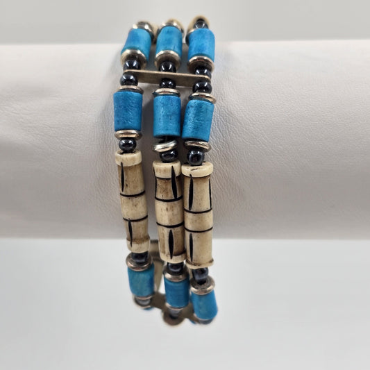 Blue White American Native Style Line Choker Beads 3 Strand Tribal Bracelet 7"