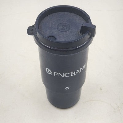 PNC Bank Lidded Insulated Coffee Cup Thermos with Sip Hole Cover Navy Blue 7"