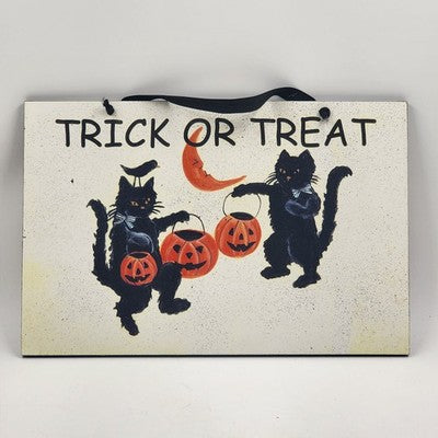 Halloween Sign Two Black Cats Trick or Treat Pumpkin Buckets 10.5"x16" Decor