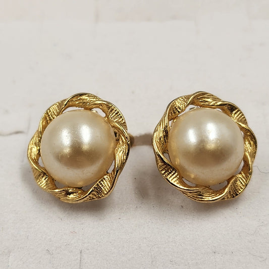 Gold Tone Clip Earring with White Faux Pearl Half Dome & Twist Design 0.5”