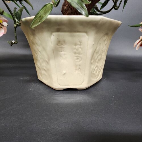Japanese Bonsai Glass Tree Clay Pot Figurine Leaves Pink Flowers Wood Base Vtg