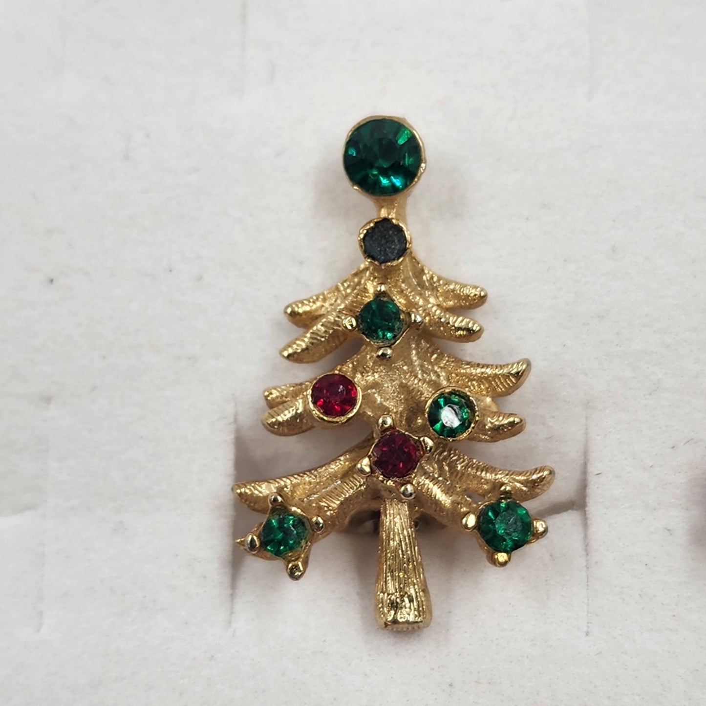 Christmas Tree Gold Tone Clip On Earrings Set w Red Green Rhinestones