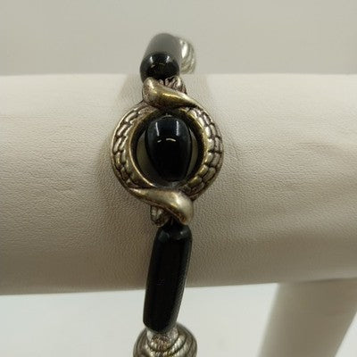 Silver Tone & Black Beaded 6" Bracelet with Clear Faceted Beads & Ribbed Gold