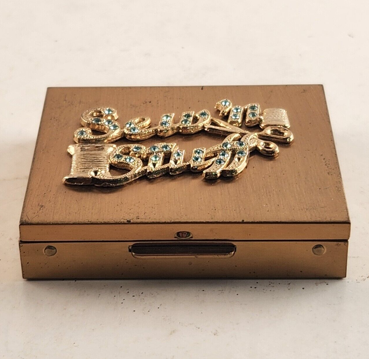 Vintage Sew 'n Stuff Gold Metal Sewing Kit Rhinestones Florida 3"