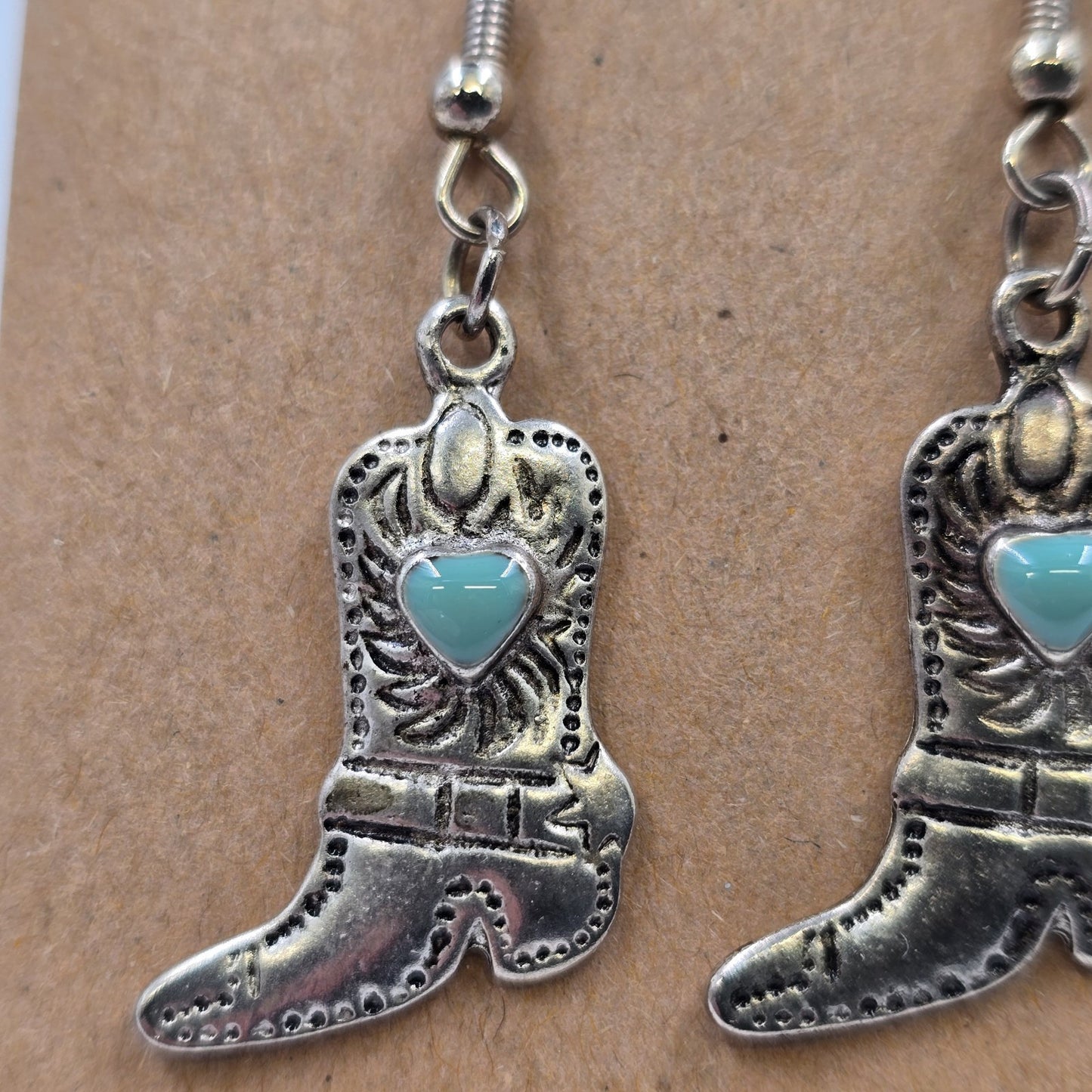 Silver Tone Cowboy Boot with Turquoise Heart Drop Dangle Earring Hook Clasp 1.5"