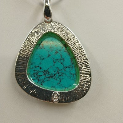 Silver Tone Turquoise Pendant Necklace Marbled Stone on Black Leather Cord