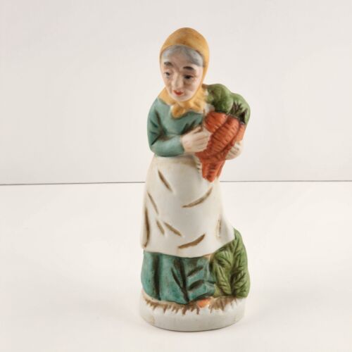Old Woman with Carrots Porcelain Figurine Apron Yellow Scarf Vintage 6"h