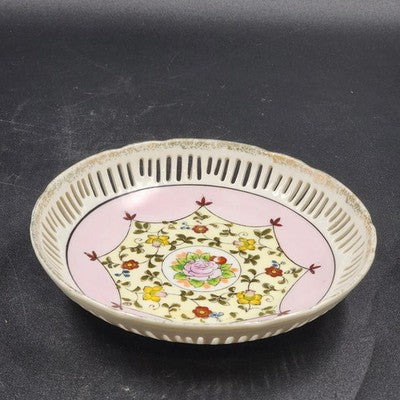 Asian Hand-Painted Porcelain Bowl Lace Cut Floral Trinket Dish Gold Trim 7.5"