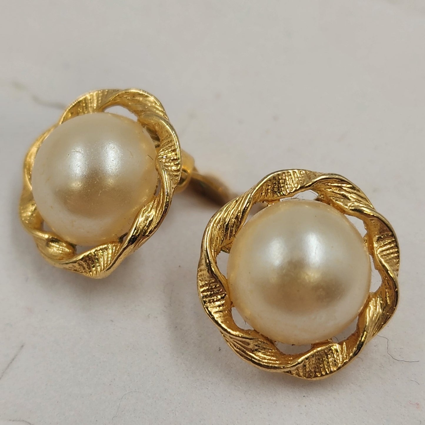 Gold Tone Clip Earring with White Faux Pearl Half Dome & Twist Design 0.5”