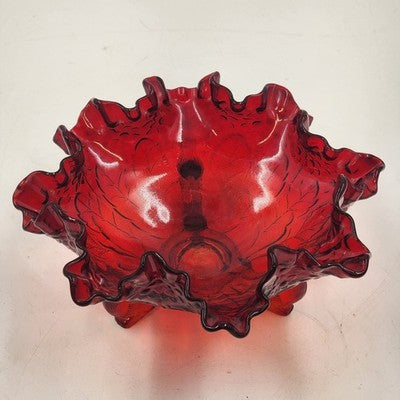 Fenton Ruby Red Glass Bowl 8" Wide Leaf Flowers Footed Dish Ruffled Edge