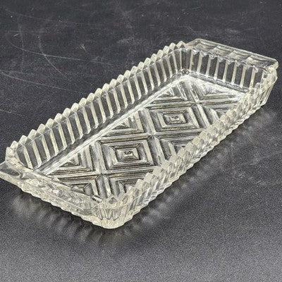 Clear Glass Relish Tray Dish X Pattern Ribbed Sawtooth Edges Handles 10" Serving