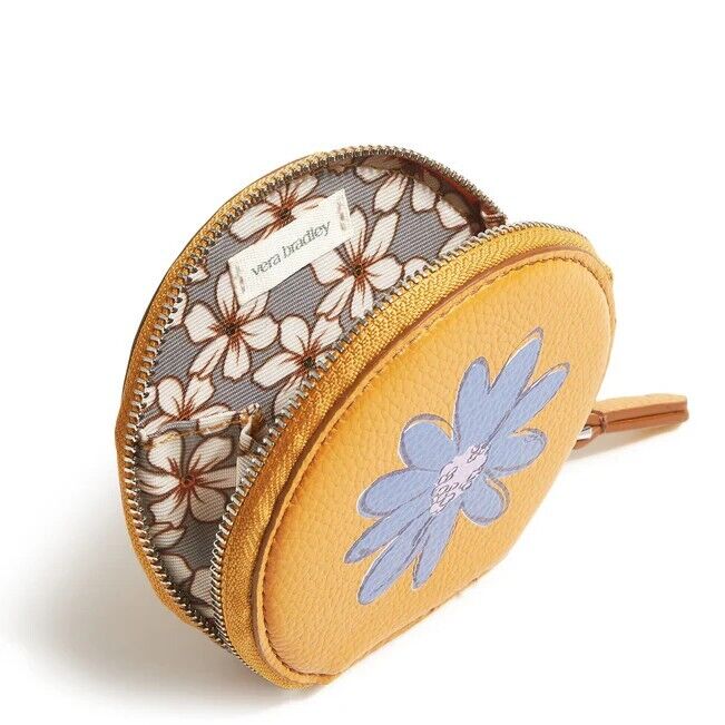 Vera Bradley Essential Round Zip Pouch Faux Leather Sunflower Yellow Blue Daisy