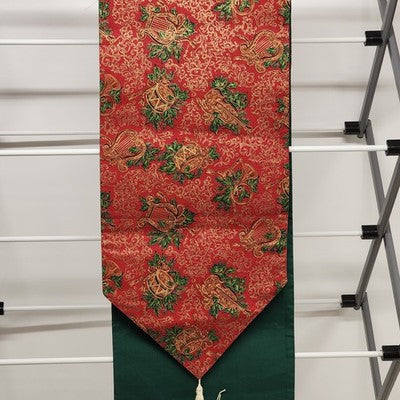 Red Table Runner Scrolled Ends White Tassels 70” x 12” Gold Motif Christmas Drum