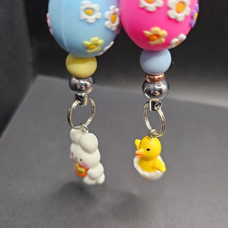 2 Key Ring Bag Charm Easter Egg Duck Bunny Beaded D Ring Handmade Gift Clip Gift