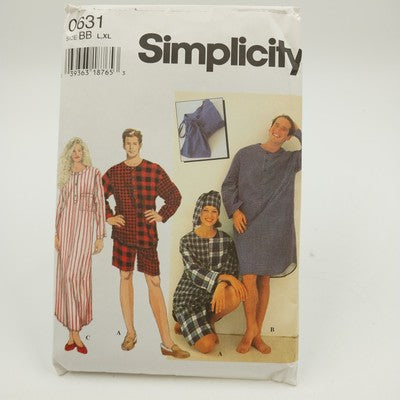 Simplicity 0631 Sewing Pattern Unisex Sleepwear Shirt Shorts Gown Uncut Sz L XL