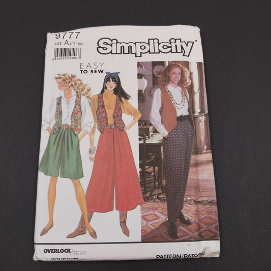 Simplicity 9777 Vtg Sewing Pattern '90s Miss Split Skirt Pants Vest Size A Uncut
