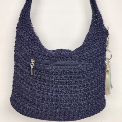 The Sak Navy Blue Striped Crocheted Boho Shoulder Hand Bag Purse Zipper 10"x13"