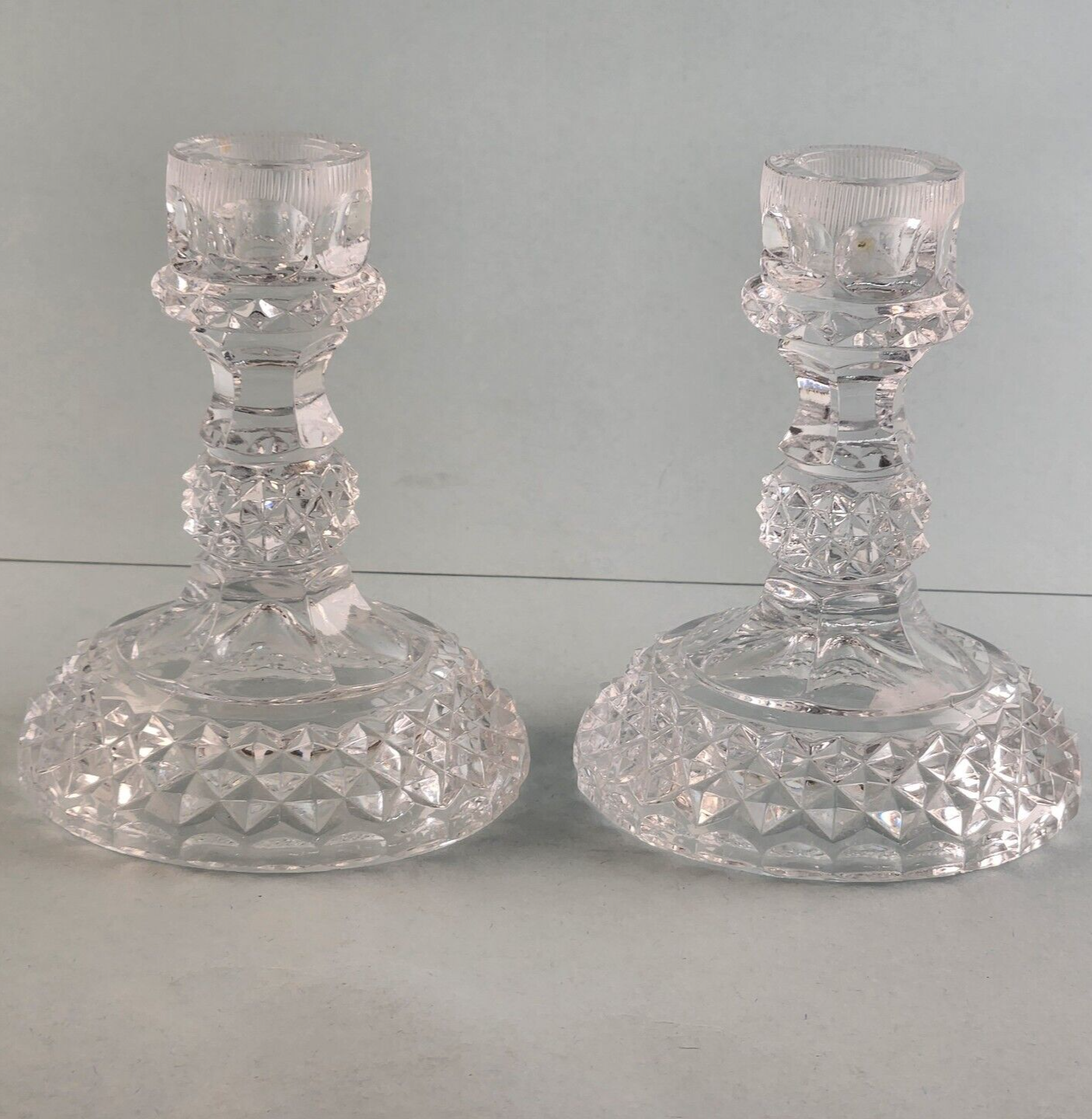 Set of 2 Clear Glass Diamond Hobnail Candlestick Holders Taper Vintage