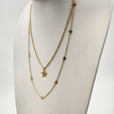 Gold Tone Figaro Chain with Charm Stars Two Strand Subtle Refined Necklace 12"