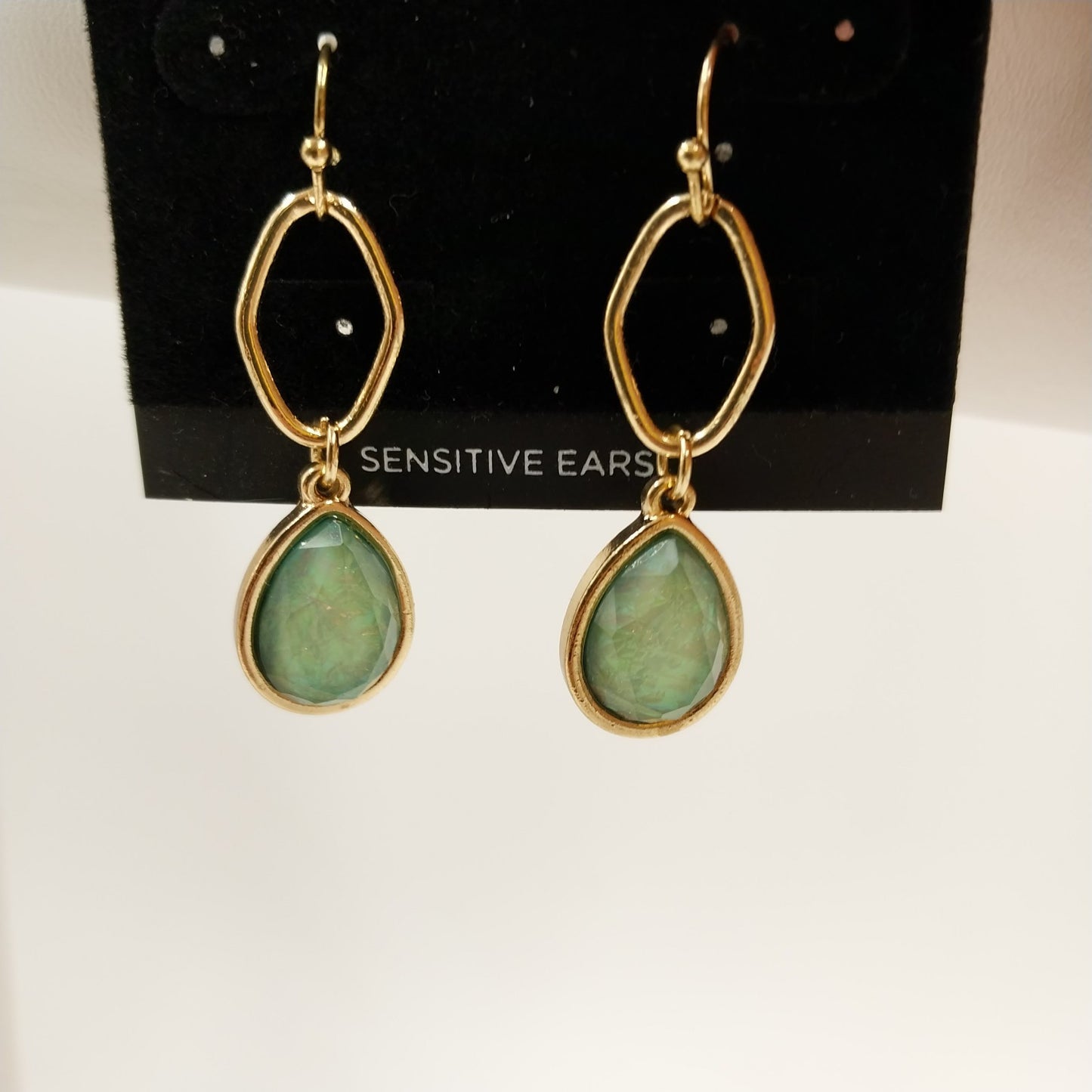 Catherines Earrings Gold Tone Disc with Bezel-Set Ethiopian Opal Dangle 1.75"