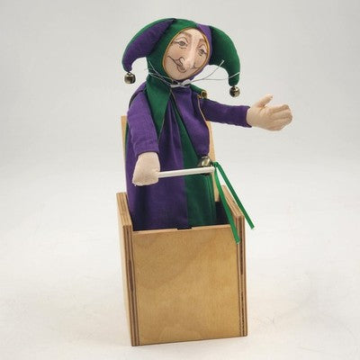 Jax Handmade Jack-in-the-Box Makers JESTER Purple and Green 4.25" Vtg 1985