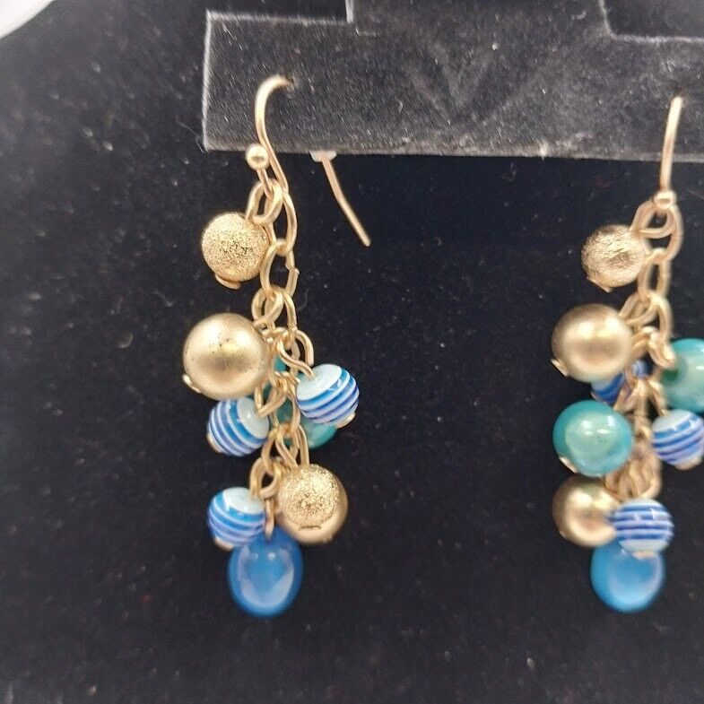 Catherines Gold Tone Blue Teal Faux Pearl Beads Dangle Earrings 2"