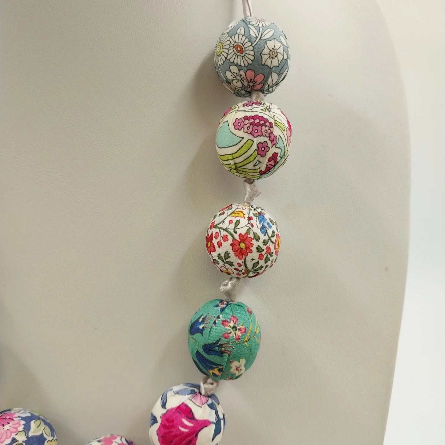 Multicolor Fabric Covered Beaded Boho Necklace Adjustable Satin Ribbon Tie