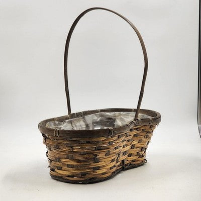 Peanut Shaped Handwoven Wicker Storage Basket w Handle & Plastic Liner 14"x15"