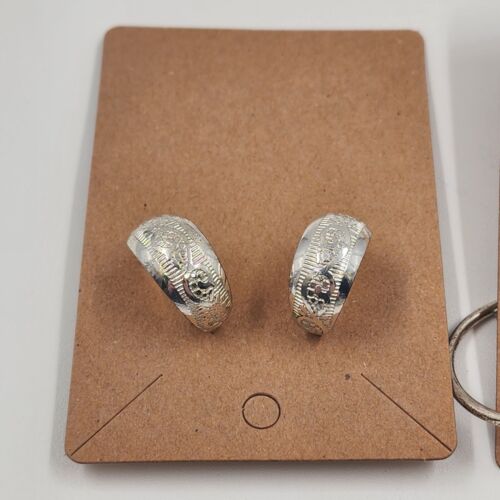 2 Pair Silver Tone Hoop Earrings Paisley Etched & Flat Round Lever Back