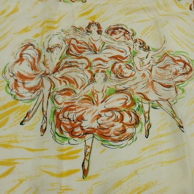 Dancing Ladies Silk Blend Scarf 34" Square Brown Yellow Green Ethnic Pattern