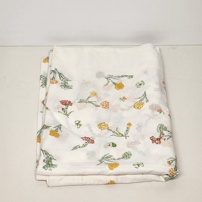 White Twin Size Flat Top Sheet Coverlet Red Yellow Floral & Butterflies Motif