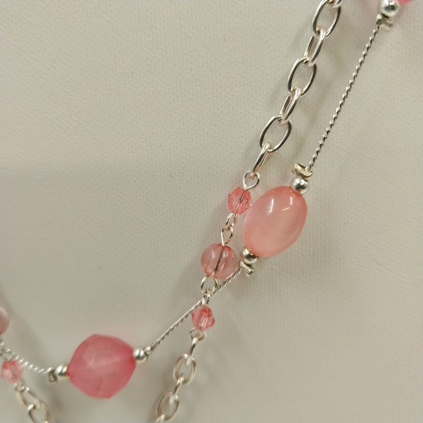 Silver Tone Necklace and Earrings Set in Pink Faux Pearl Beads Double Strand 15"