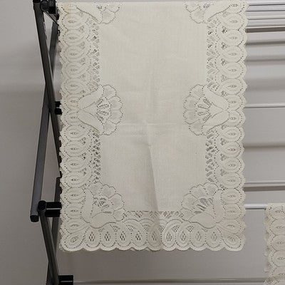 Set of 2 White Rectangle Lace Table Runners w Floral Doilies Scalloped Edge 33.5"