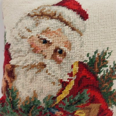 Red Throw Pillow Needlepoint Cross Stitch Embroidered Christmas Santa Claus 9”