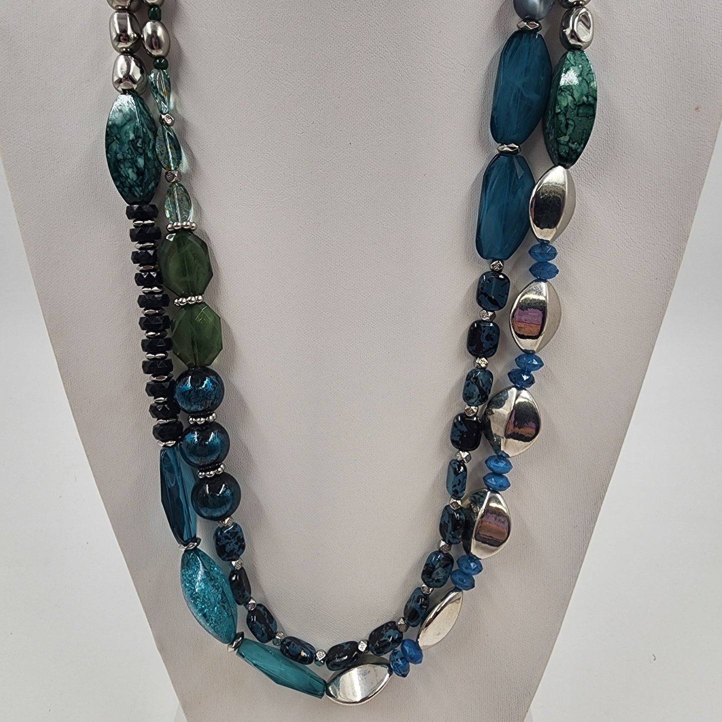 Catherines Double Strand Silver Tone Blue Black Green Faux Pearl Beads Necklace