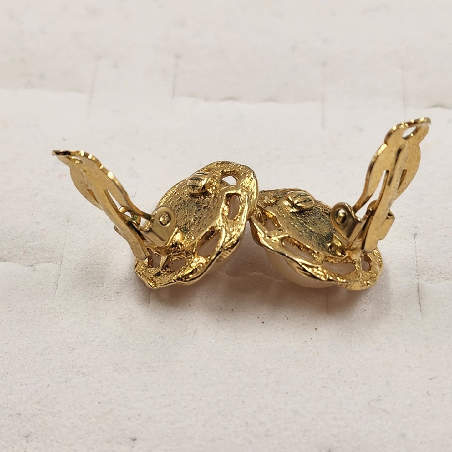 Gold Tone Clip Earring with White Faux Pearl Half Dome & Twist Design 0.5”