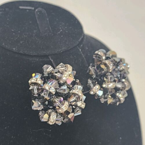 Amber Bead & Clear Rhinestone Clip-On Earrings 1.5" Diameter Vintage