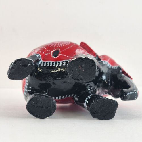 Red and Black Lacquer Painted Elephant Hand Carved Wood Vintage 3"h