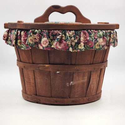 Half Bushel Wooden Sewing Basket Split Lid Heart Handle 15"x13" Floral Lined