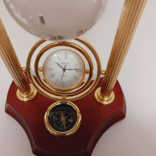 Bulova Wrexham Sphere Clock Gyroscope w Crystal Globe & Compass Wood Brass Frame
