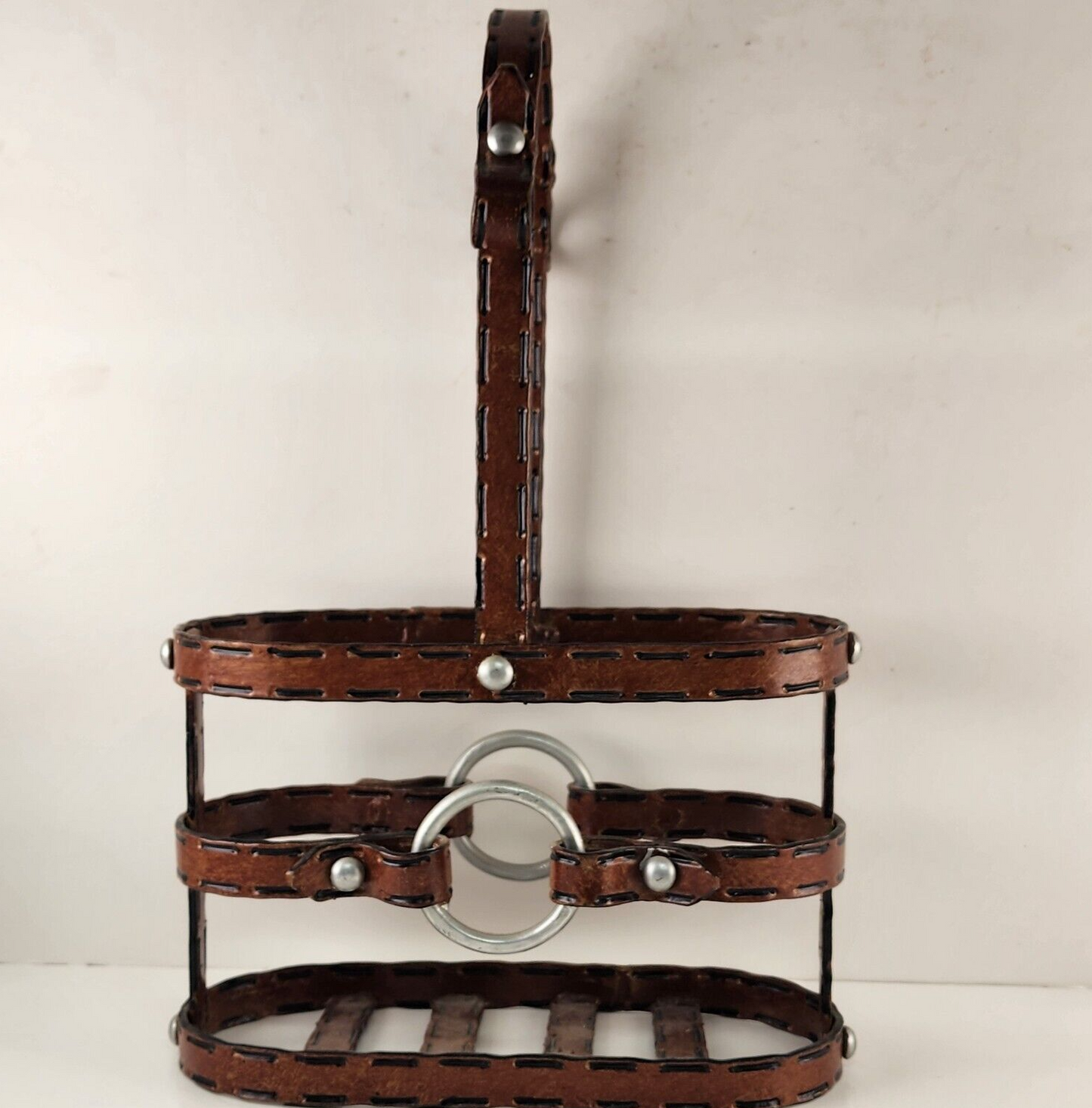2 Bottle Wine Carrier Horse Bit Bridle Design Brown Painted Welded Metal 9.5x14"