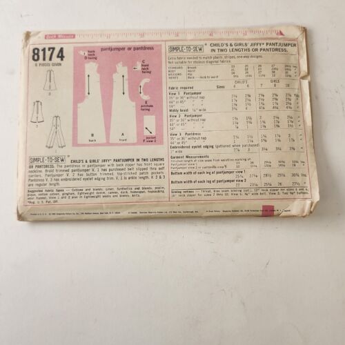 Simplicity 8174 Vintage Sewing Pattern Girls Jiffy Pant-Jumper Pant-Dress Size 7