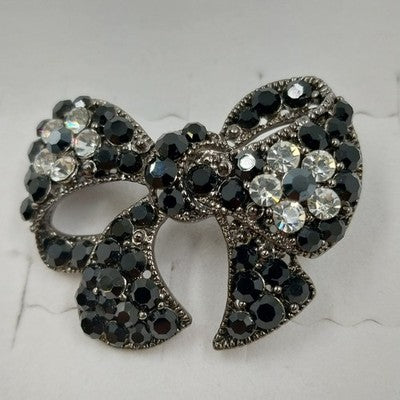 Silver Tone Black & Clear Faceted Rhinestones Bow Ribbon Design Brooch/Pin