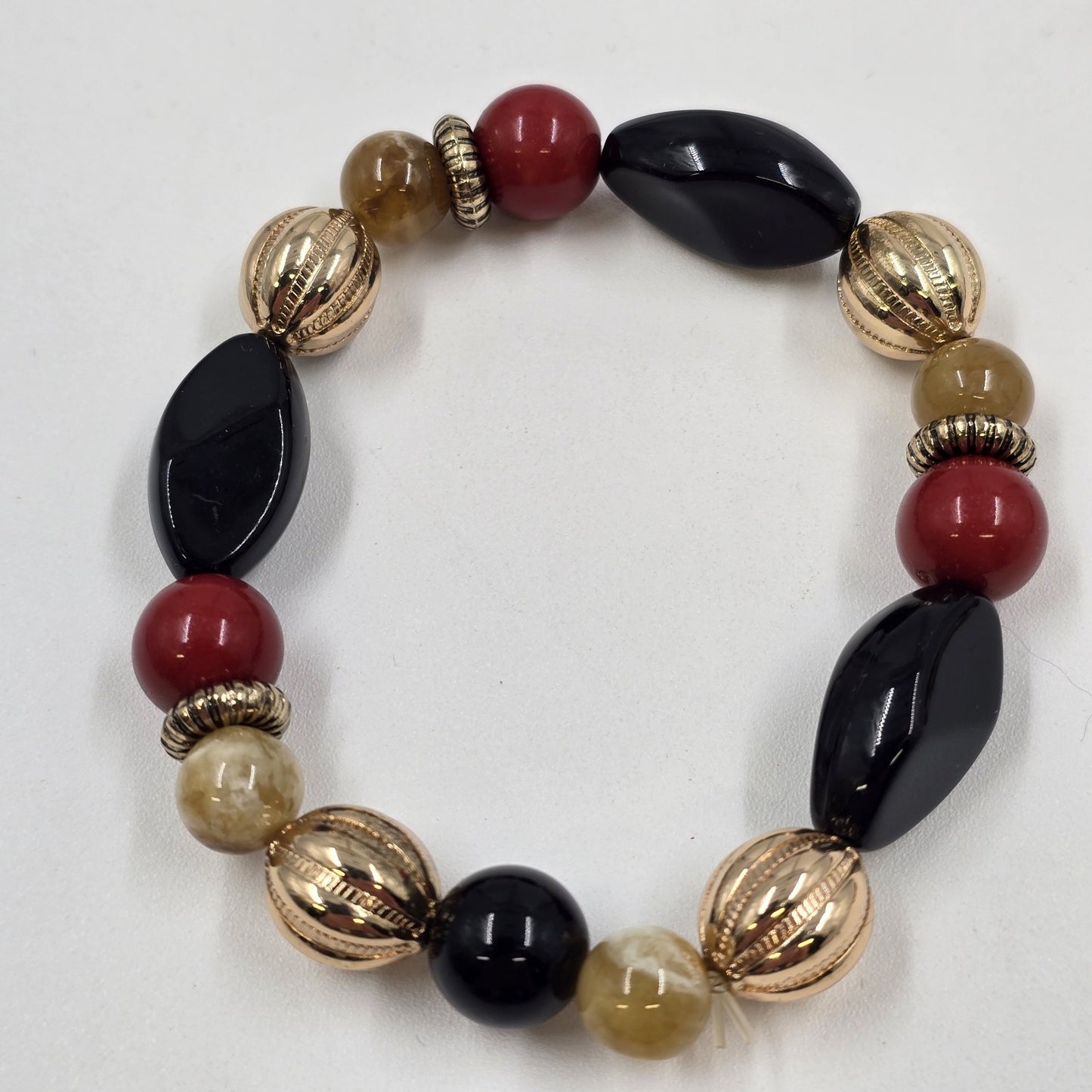 Set of 2 Stretch Bracelets Gold Tone Enamel Black Red Beige Faux Pearl Beads 7"