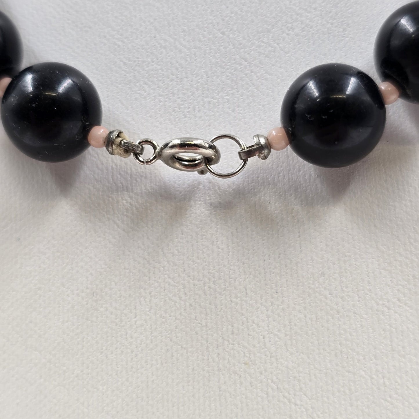 Necklace in Round Black Acrylic Beads with Pale Pink Bead Spacers 14.5"