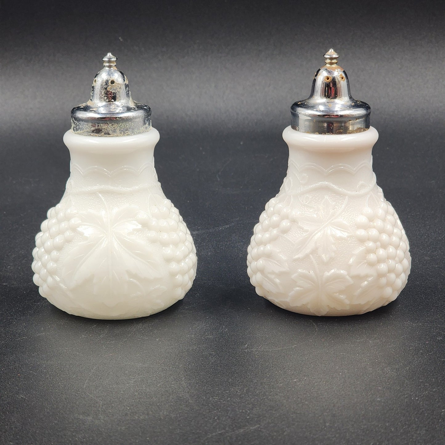 Imperial Milk Glass Grape Vine Pattern Large Salt and Pepper Shaker Set Vintage
