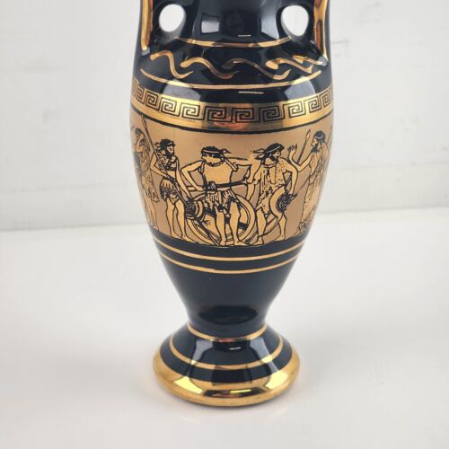 Greek Vase Black 24K Gold Vintage Handmade Mythology Images Marking 6.5" Greece