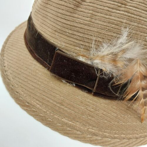 Country Gentlemen Trav'ler Tan Corduroy Fedora Hat w/Black Lined Feathers 11"