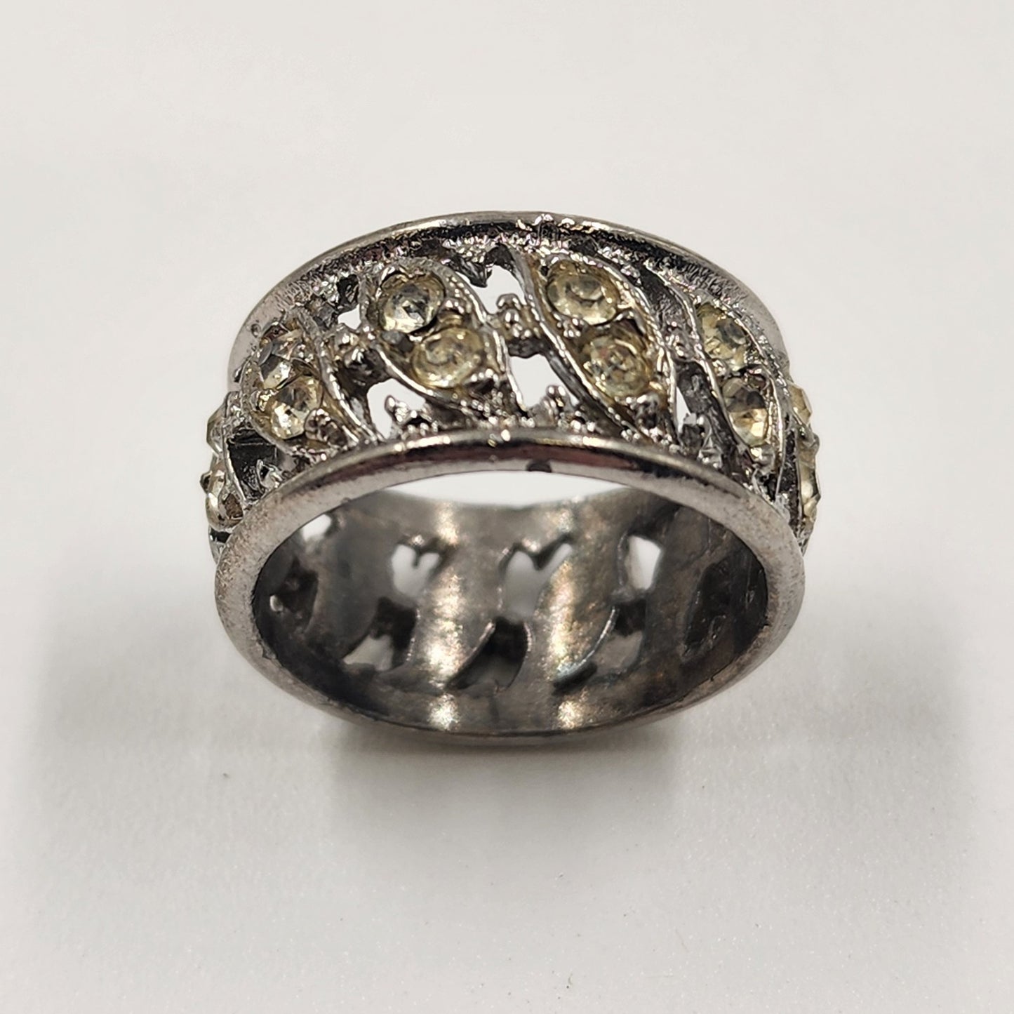 Silver Tone Eternity Ring with Clear Crystal Yellow Rhinestone Size 7 Vintage